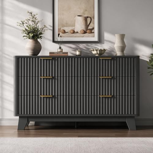 Jocoevol Fluted 6 Drawer Dresser for Bedroom, Modern Chest of Drawers with Metal Handle, Wooden TV Stand with Curved Profile Design, Closet Clothes Storage Organizer for Living Room/Hallway (Black)