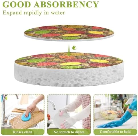 Autumn Colorful Leaves Dish Scrub Sponges Kitchen Fall Non Scratch Reusable Compressed Cellulose Sponge Hanging for Household Cleaning Washing Dishes Pots and Pans 3 Pack - Image 3