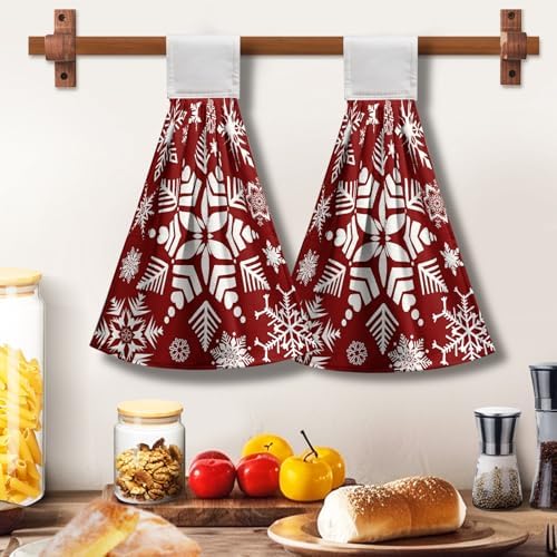 Snowflakes Xmas Hanging Kitchen Towels Winter Red Hand Tie Towel Soft Absorbent Christma Hanging Dish Towels for Kitchen Bathroom Home Decorations