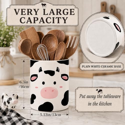 Cute Cow Utensil Holder, Cute Animals Ceramic Kitchen Utensil Holder, Utensil Crock for Home Kitchen Countertop Storage Organizer Container, Large Holder for Spatulas, Spoons, Kitchen Counter Decor 6"