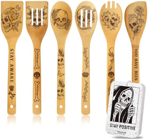 6 Pcs Skull Engraved Bamboo Cooking Utensils Set, Halloween Gifts for Friends, Cool Cooking Spoons Set Gift for Women Men, Birthdays Housewarming Gifts