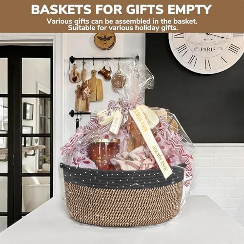 CHICVITA Large Wicker Basket with Bags & Ribbon for Gifts, Black & Jute