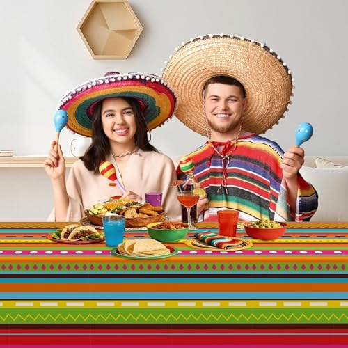 Kochorie 100 Ft x 54 Inch Mexican Fiesta Party Tablecloth Roll with Cutting Box Disposable Plastic Mexican Striped Table Cover Backdrop for Fiesta Taco Party Supplies