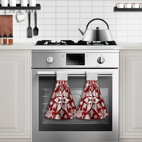 Snowflakes Xmas Hanging Kitchen Towels Winter Red Hand Tie Towel Soft Absorbent Christma Hanging Dish Towels for Kitchen Bathroom Home Decorations