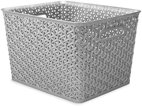 Whitmor Large Woven Plastic Storage Basket with Built-In Handles, Gray