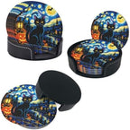 Halloween Pumpkin and Black Cat Coasters with Holder Leather Coasters for Drinks Set of 6 Funny Halloween Drink Coasters Sets for Living Room Kitchen Coffee Bar Holiday Decor