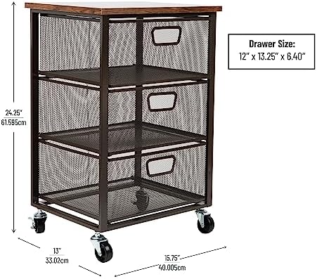 Mind Reader 3 Drawer Storage Organizer with Wood Top, Rolling Office Organizer Cabinet with Wheels, Office, Metal Mesh, Black