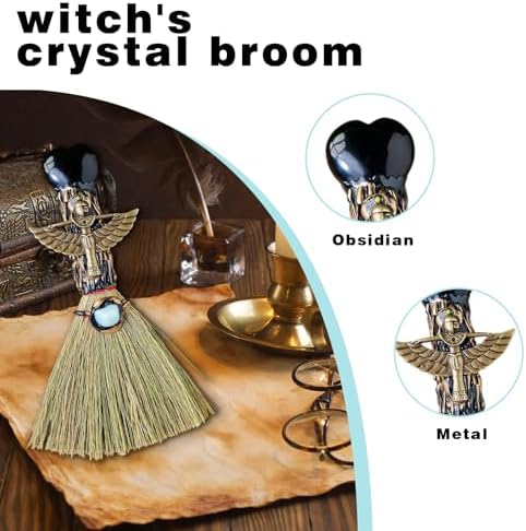 Witch Broom Halloween Crystal Witch Wiccan Altar Broom, Witchcraft Witches Pagan Altar Decor, Handmade Ritual Magic Ceremonial (Obsidian)