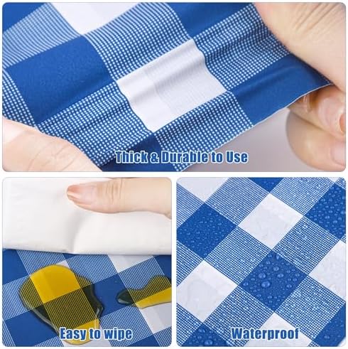 Kochorie 54 Inch x 100 Ft Blue Checkered Plastic Table Cloth Roll Disposable Waterproof Table Cover Plastic Table Cover Roll with Easy Slide Cutter for Outdoor Picnic/Home Dining/Summer Party