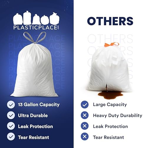 Plasticplace 13 Gallon Trash Bags │ 0.9 Mil │ White Tall Garbage Can Liners │ 24" x 27" (200 Count)