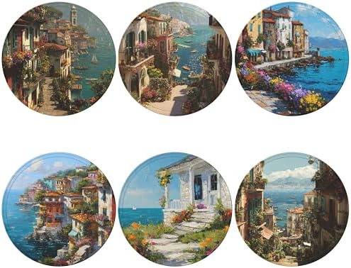 Ocean City Coasters Leather Round Drink Coasters 6 Pcs Set with Holderor for Cup Drink Coffee Table Bar Home Decor