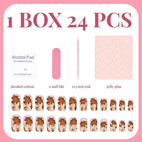 24Pcs Fall Maple Leaf Press on Nails Short Square Fake Nails with Gold Foil Stripe Design Thanksgiving False Nails Reusable Artificial Nail Glossy Full Cover Glue on Nail Stick on Nails for Women - Image 3