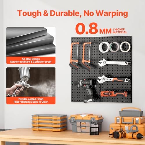 VEVOR Metal Pegboard Panels, 24" x 12" Pegboard, 2 Panels, Heavy Duty Peg Board Wall Organizer with Accessories, for Living Room Garage Tool Storage Office Organization Craft Room Kitchen Home, Black