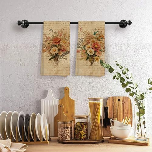 Vintage Floral Flower Kitchen Towels Decorative 16x24 Set of 2, Beige Fall Botanical Dish Towels Cloths Dishcloths Tea Towel Gifts, Autumn Wildflower Bouquet Bathroom Kitchen Hand Towel Decor - Image 5