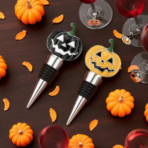 Halloween Wine Stopper With Wine Charms Set,2PCS Pumpkin Wine Bottle Stopper Reusable Wine Corks with Silicone Seal, Bottle Cover Leak proof Keep Fresh -Black/Yellow