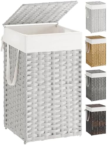 SONGMICS Laundry Hamper with Lid, 17.2 Gallon (65 L) Synthetic Rattan Clothes Laundry Basket with Lid and Handles, Foldable, Removable Liner, Cloud White ULCB165W01