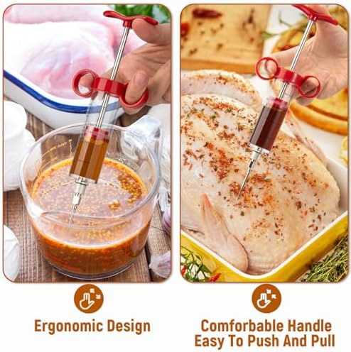 Kingsmile Meat Injector, Turkey Injector Syringe - 3 Needles for BBQ Grill, 1oz Meat Injector Syringe, Injector Marinades for Meats, Meat Injectors for Smoking 1 Cleaning Brush Easy to Use & Clean Red - Image 2