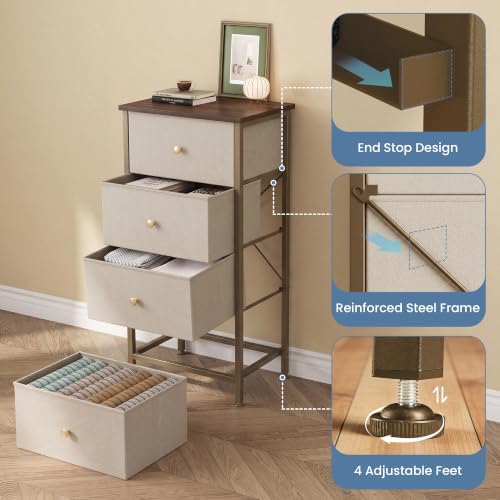 DUMOS Night Stand with 4 Fabric Drawers, Bedside Table for Bedroom