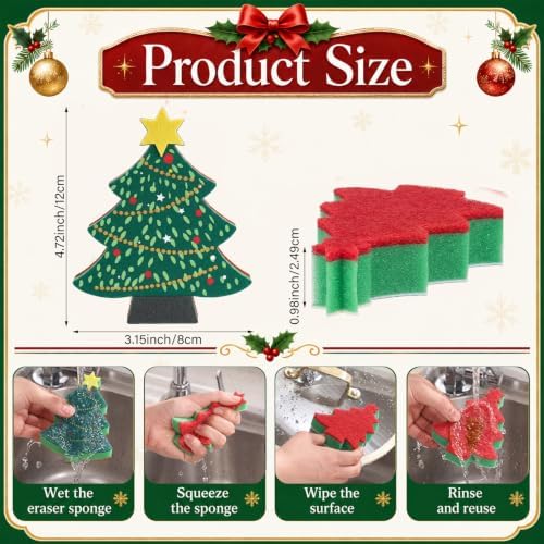 SiliFine 12 Pack Christmas Tree Kitchen Sponges Bulk Scrub Sponge
