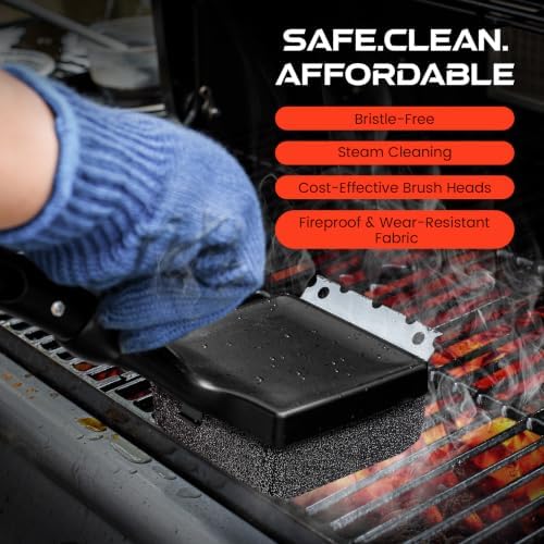 4-in-1 Bristle-Free Grill Brush — 18.8" Steam Grill Cleaner with Replaceable Head, Scraper & Bottle Opener, Long Non-Slip Heat-Resistant Handle