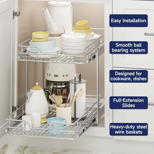 2-Tier Pull Out Cabinet Organizer, 14.5" W x 21.5" D, Heavy Duty Dual Slide Out Shelves for Base Cabinets, Chrome Wire Basket Drawer for Pantry, Kitchen & Bathroom Storage