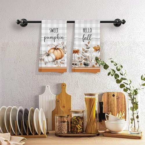 Fall Pumpkin Floral Plaid Kitchen Towels Decorative 16x24 Set of 2, Hello Fall Dish Towels Cloths Dishcloths Tea Towel Gifts for Women, Farmhouse Flowers Bathroom Kitchen Hand Towel Decor - Image 5