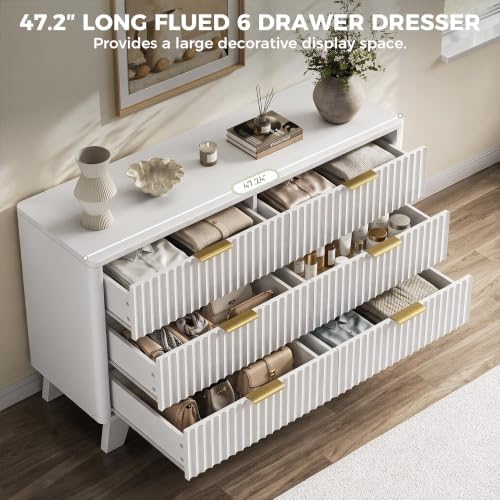 Jocoevol Fluted 6 Drawer Dresser for Bedroom, White