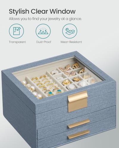 SONGMICS Jewelry Box with Glass Lid, 3-Layer, 2 Drawers