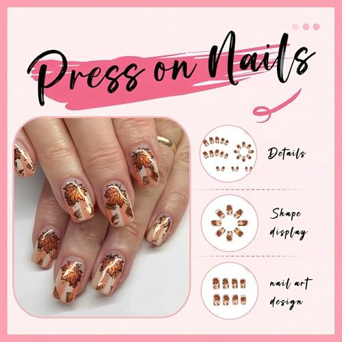 24Pcs Fall Maple Leaf Press on Nails Short Square Fake Nails with Gold Foil Stripe Design Thanksgiving False Nails Reusable Artificial Nail Glossy Full Cover Glue on Nail Stick on Nails for Women - Image 2