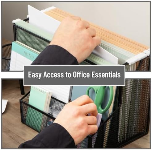 Mind Reader Metal Mesh Desktop Organizer with Hanging File Storage, Black