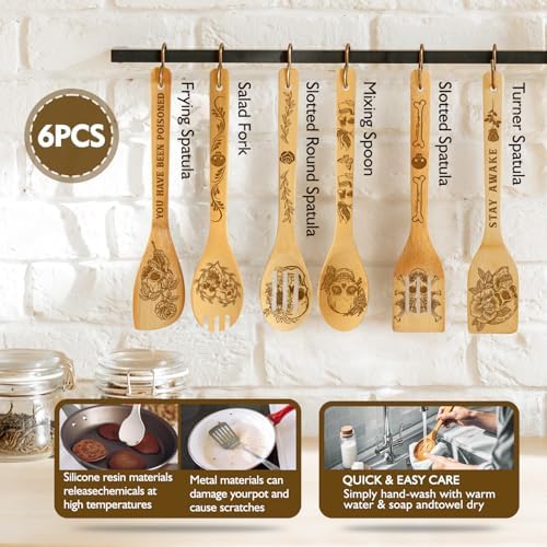 6 Pcs Skull Engraved Bamboo Cooking Utensils Set, Halloween Gifts for Friends, Cool Cooking Spoons Set Gift for Women Men, Birthdays Housewarming Gifts