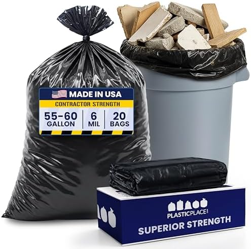 Plasticplace Contractor Garbage Bags: 55 Gallon Trash Bags Heavy Duty, Big Black Trash Bags, 36"x58", 6.0 Mil, Pack of 20