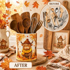 Fall Utensil Holder, Highland Cow Ceramic Kitchen Utensil Holder, Utensil Crock for Home Kitchen Countertop Storage Organizer Container, Large Holder for Spatulas, Spoons, Kitchen Counter Decor, 6"