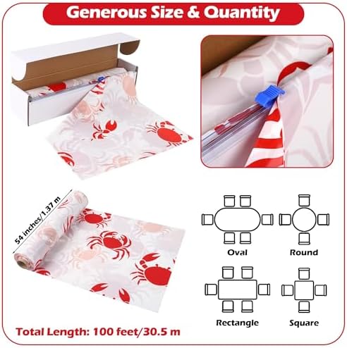 Kochorie 100 Ft x 54 Inch Crab Boil Party Tablecloth Roll with Cutter Box Disposable Plastic Crab Table Cover Roll Waterproof Table Cover for Crawfish Birthday Indoor Outdoor Party Supplies Decor