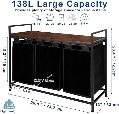 Whitmor Laundry Sorter, 138L Laundry Hamper with Shelf & 3 Removable Bags, 3 x 12.1 Gallons (46L), 36.4 x 13 x 28.4 Inches, Dirty Clothes Hamper Organizer for Laundry Room, Bathroom, Dorm, Black