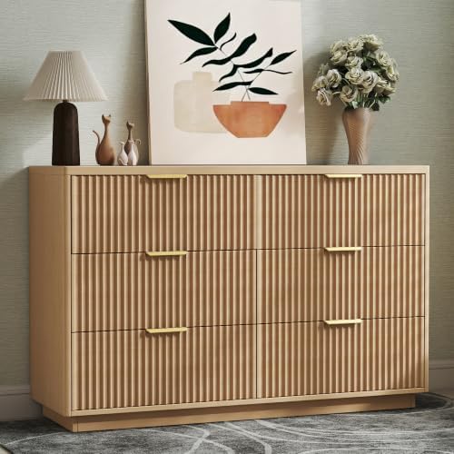 Ball & Cast Fluted 6 Drawer Dresser for Bedroom,47" W Modern Chest of Drawers with Metal Handles,Wood Dresser TV Stand,Closet Dresser Drawers Organizer for Living Room,Hallway,Natural Oak