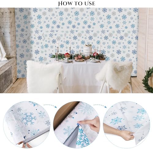 Kochorie 100 Ft x 54 Inch Christmas Snowflake Printed Tablecloth Roll with Cutter Box Disposable Blue and White Winter Snowflake Backdrop Cut to Size Table Cover for Frozen Birthday Party Supplies