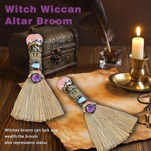Witch Broom Halloween Crystal Witch Wiccan Altar Broom, Witchcraft Witches Pagan Altar Decor, Handmade Ritual Magic Ceremonial (Pink Crystal)