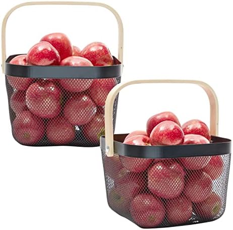 Juvale Square Metal Fruit Basket - Black Metal Pantry Organizer for Kitchen Storage - Mesh Basket with Wood Handle for Easy Carry - Fruit & Snack Organizer - 9.5"x 9.5"x 7", Pack of 4