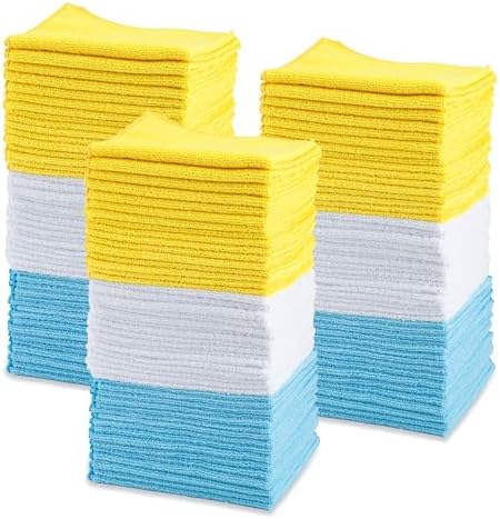 Amazon Basics Microfiber Cleaning Cloths for Cars, Non-Abrasive, Highly Absorbent, Lint and Scratch-Free, Reusable and Washable, Car Detailing Towels, 16" x 12", Blue/White/Yellow, 144-Pack