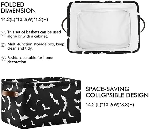 Halloween Black Bat Storage Basket Fabric Kitchen Baskets Spooky Happy Halloween Open Home Storage Bins Boxes Foldable Organizer Bag for Baby Cloth Pet Toy Book Shelf Closet Baskets 2 Pack 16×12×8