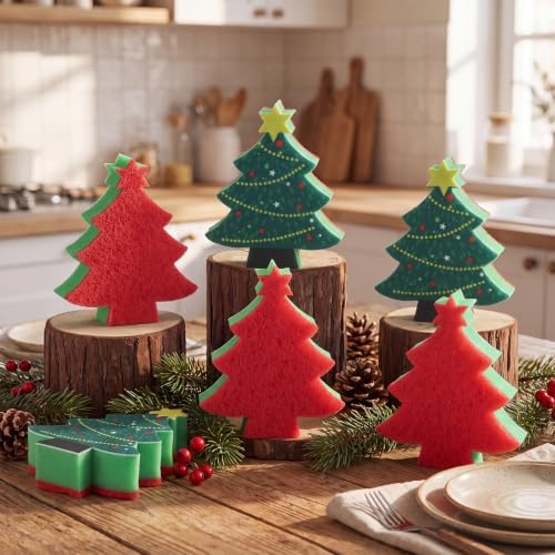 SiliFine 12 Pack Christmas Tree Kitchen Sponges Bulk Scrub Sponge