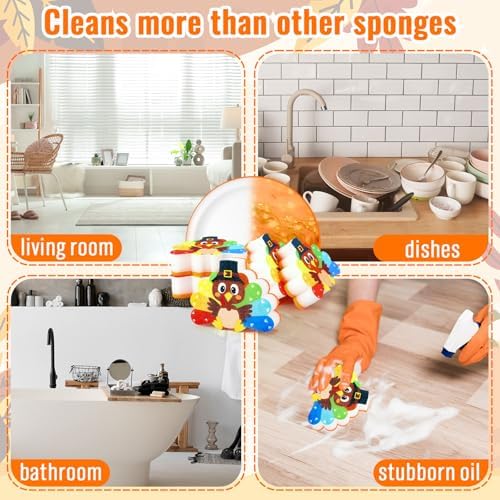 AnyDesign 6Pcs Thanksgiving Kitchen Sponge Funny Cartoon Turkey Shaped Dish Washing Sponge Fall Turkey Dual Sided Non Scratch Scrubber for Autumn Home Kitchen Household Supplies - Image 4