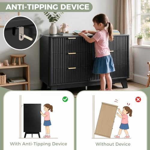 Jocoevol Fluted 6 Drawer Dresser for Bedroom, Modern Chest of Drawers with Metal Handle, Wooden TV Stand with Curved Profile Design, Closet Clothes Storage Organizer for Living Room/Hallway (Black)