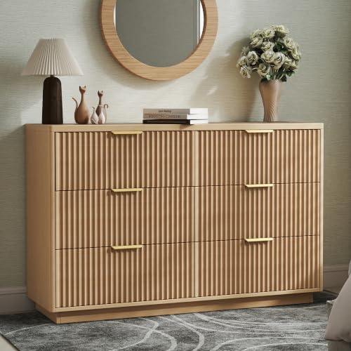 Ball & Cast Fluted 6 Drawer Dresser for Bedroom,47" W Modern Chest of Drawers with Metal Handles,Wood Dresser TV Stand,Closet Dresser Drawers Organizer for Living Room,Hallway,Natural Oak