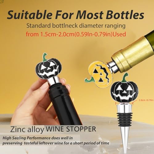 Halloween Wine Stopper With Wine Charms Set,2PCS Pumpkin Wine Bottle Stopper Reusable Wine Corks with Silicone Seal, Bottle Cover Leak proof Keep Fresh -Black/Yellow