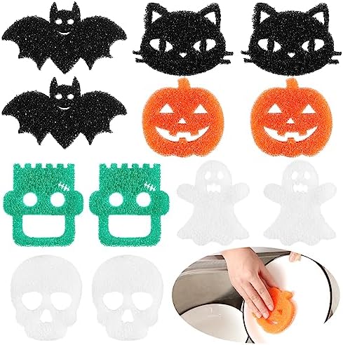 Umigy 12 Pcs Halloween Cute Sponges Ghost Bat Pumpkin Cat Non Scratch Dish