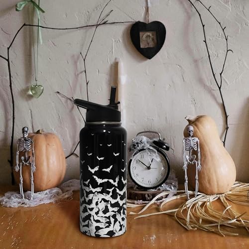 Insulated Halloween Water Bottle 32 oz, Bat Water Bottle with Straw, Reusable Leakproof Water Bottle Stainless Steel, Halloween Gifts for Women