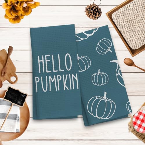 OHSUL Fall Kitchen Towels, Autumn Pumpkin Decor, Seasonal Hand Dish Towels, Bottle-Green Fall Decorations for Home, Bathroom Accent, Housewarming Gifts, Set of 2 - Image 4