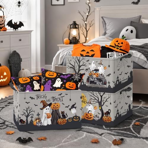 Clastyle 3 Pcs Halloween Spooky Gift Basket Ghost Boo Storage Bin, Grey